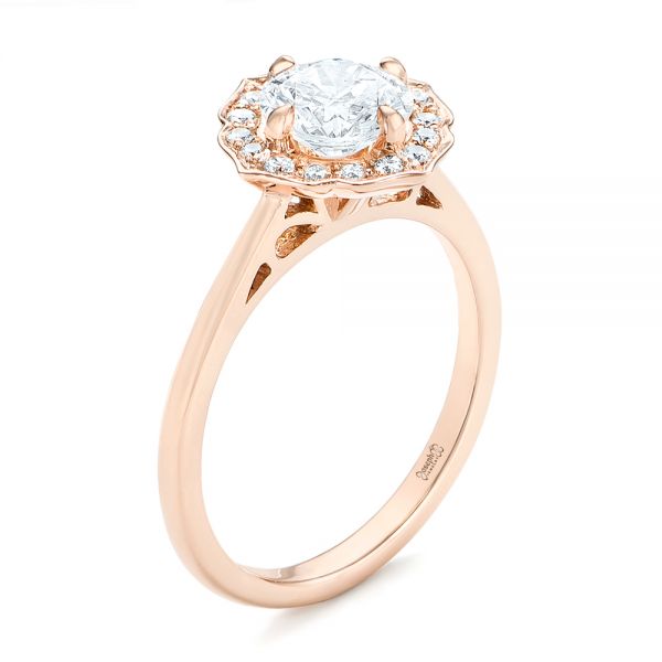 14k Rose Gold Custom Diamond Halo Engagement Ring - Three-Quarter View -  102957