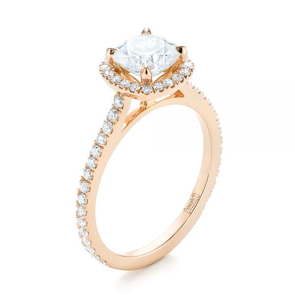 18k Rose Gold Custom Diamond Halo Engagement Ring - Three-Quarter View -  103453