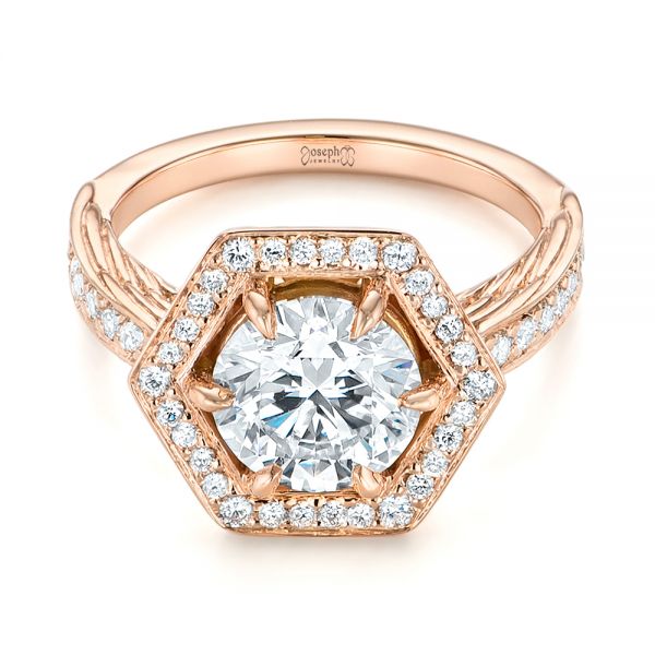 14k Rose Gold Custom Diamond Halo Engagement Ring - Flat View -  103489