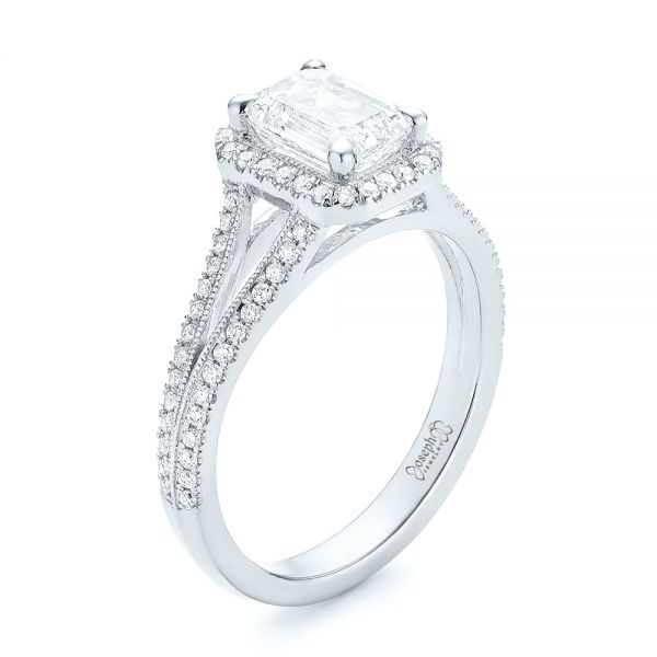 18k White Gold 18k White Gold Custom Diamond Halo Engagement Ring - Three-Quarter View -  102875