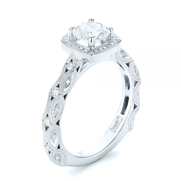 18k White Gold 18k White Gold Custom Diamond Halo Engagement Ring - Three-Quarter View -  103596