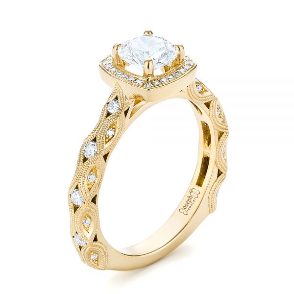 18k Yellow Gold 18k Yellow Gold Custom Diamond Halo Engagement Ring - Three-Quarter View -  103596