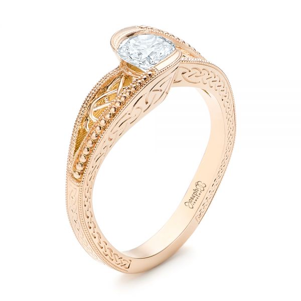 14k Rose Gold Custom Hand Engraved Solitaire Diamond Engagement Ring - Three-Quarter View -  103338