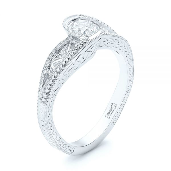 18k White Gold 18k White Gold Custom Hand Engraved Solitaire Diamond Engagement Ring - Three-Quarter View -  103338