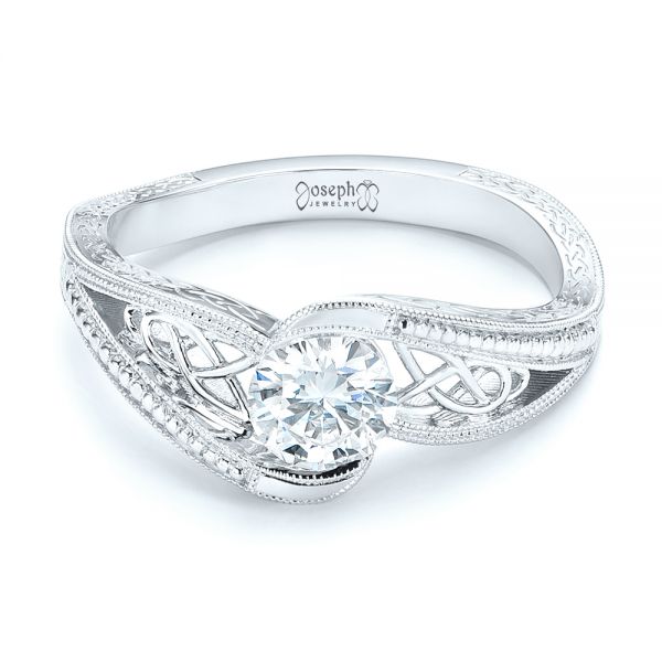 18k White Gold 18k White Gold Custom Hand Engraved Solitaire Diamond Engagement Ring - Flat View -  103338