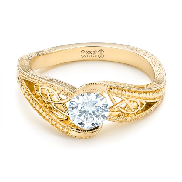 14k Yellow Gold 14k Yellow Gold Custom Hand Engraved Solitaire Diamond Engagement Ring - Flat View - 103338