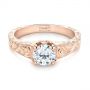 14k Rose Gold Custom Hand Engraved Tri Leaf Solitaire Diamond Engagement Ring - Flat View -  104829 - Thumbnail