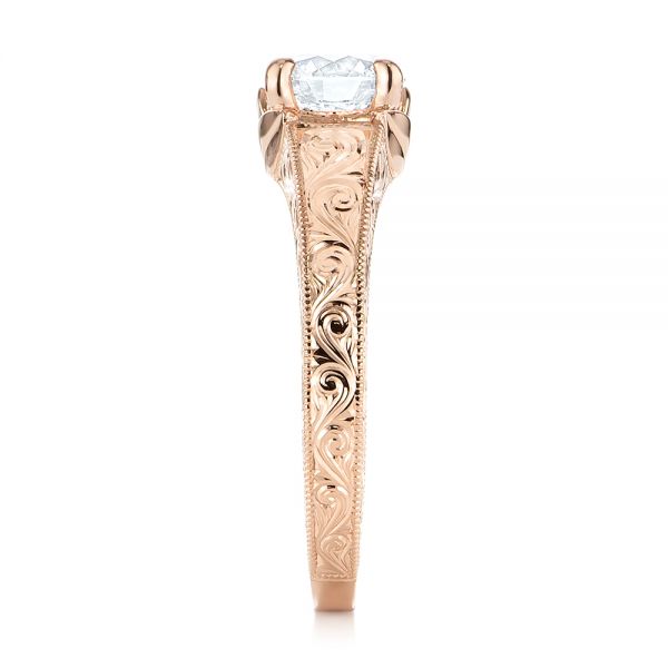 14k Rose Gold Custom Hand Engraved Tri Leaf Solitaire Diamond Engagement Ring - Side View -  104829