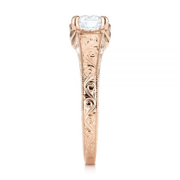 14k Rose Gold Custom Hand Engraved Tri Leaf Solitaire Diamond Engagement Ring - Side View - 104829