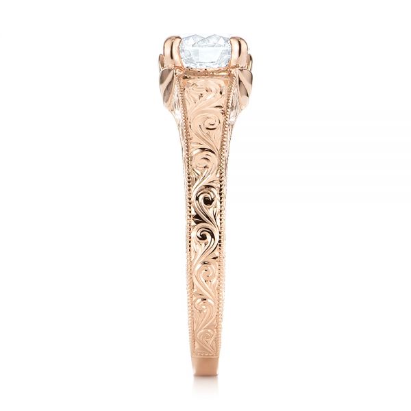 18k Rose Gold 18k Rose Gold Custom Hand Engraved Tri Leaf Solitaire Diamond Engagement Ring - Side View -  104829