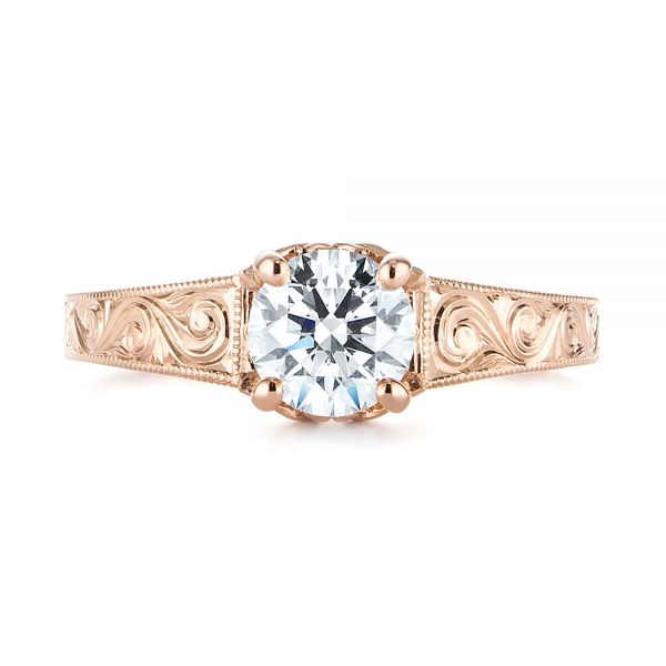 14k Rose Gold Custom Hand Engraved Tri Leaf Solitaire Diamond Engagement Ring - Top View - 104829