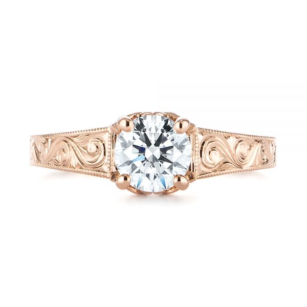 18k Rose Gold 18k Rose Gold Custom Hand Engraved Tri Leaf Solitaire Diamond Engagement Ring - Top View -  104829