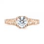 14k Rose Gold Custom Hand Engraved Tri Leaf Solitaire Diamond Engagement Ring - Top View -  104829 - Thumbnail
