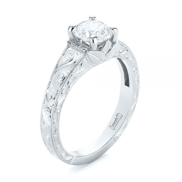 14k White Gold 14k White Gold Custom Hand Engraved Tri Leaf Solitaire Diamond Engagement Ring - Three-Quarter View -  104829