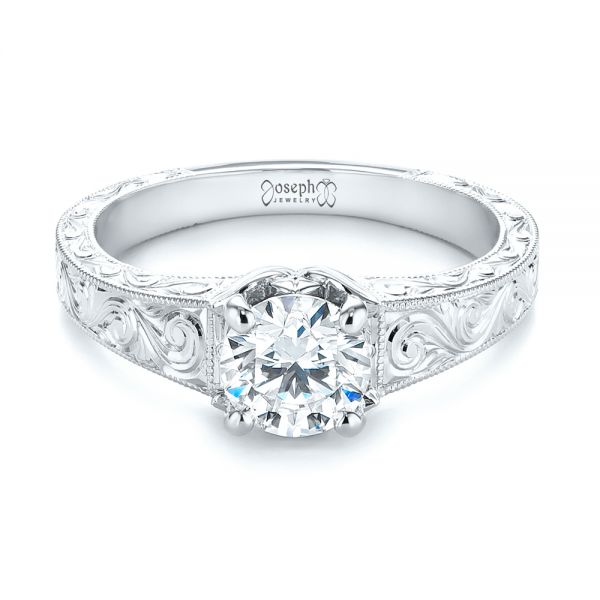  Platinum Platinum Custom Hand Engraved Tri Leaf Solitaire Diamond Engagement Ring - Flat View -  104829