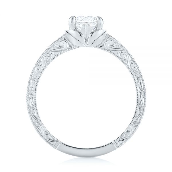 18k White Gold 18k White Gold Custom Hand Engraved Tri Leaf Solitaire Diamond Engagement Ring - Front View -  104829