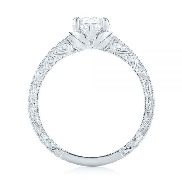 Platinum Platinum Custom Hand Engraved Tri Leaf Solitaire Diamond Engagement Ring - Front View - 104829