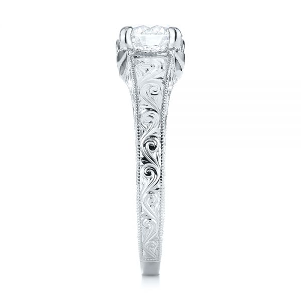 14k White Gold 14k White Gold Custom Hand Engraved Tri Leaf Solitaire Diamond Engagement Ring - Side View -  104829