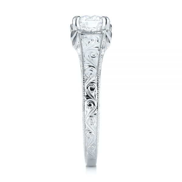 Platinum Platinum Custom Hand Engraved Tri Leaf Solitaire Diamond Engagement Ring - Side View - 104829