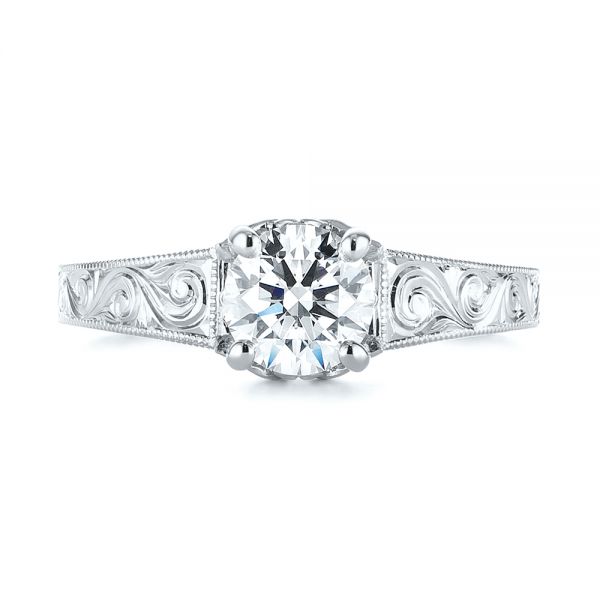  Platinum Platinum Custom Hand Engraved Tri Leaf Solitaire Diamond Engagement Ring - Top View -  104829