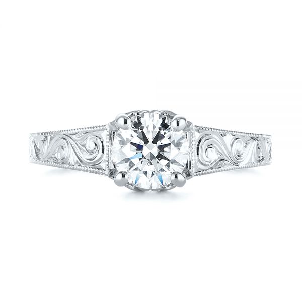 Platinum Platinum Custom Hand Engraved Tri Leaf Solitaire Diamond Engagement Ring - Top View - 104829