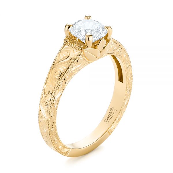 18k Yellow Gold 18k Yellow Gold Custom Hand Engraved Tri Leaf Solitaire Diamond Engagement Ring - Three-Quarter View -  104829