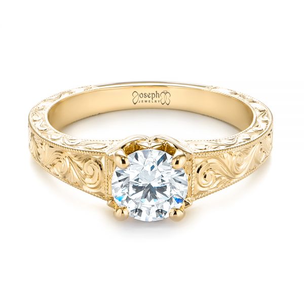 14k Yellow Gold 14k Yellow Gold Custom Hand Engraved Tri Leaf Solitaire Diamond Engagement Ring - Flat View - 104829