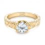 18k Yellow Gold 18k Yellow Gold Custom Hand Engraved Tri Leaf Solitaire Diamond Engagement Ring - Flat View -  104829 - Thumbnail