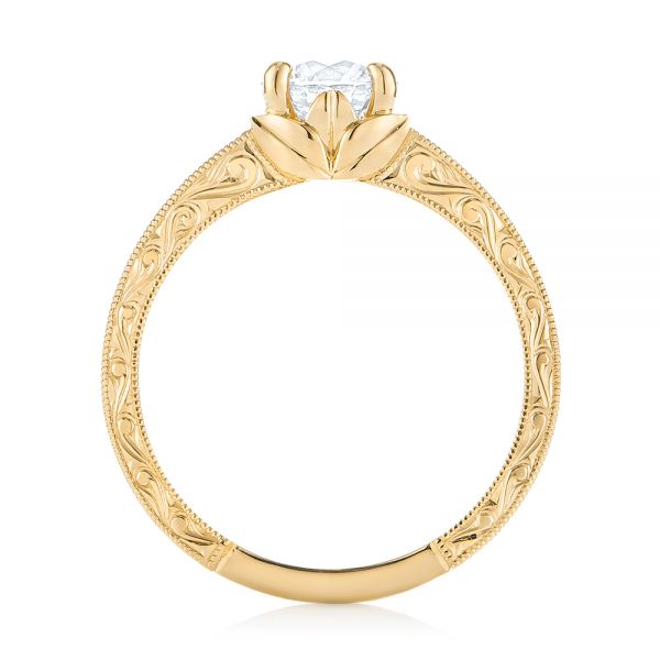 14k Yellow Gold 14k Yellow Gold Custom Hand Engraved Tri Leaf Solitaire Diamond Engagement Ring - Front View - 104829