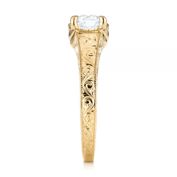 14k Yellow Gold 14k Yellow Gold Custom Hand Engraved Tri Leaf Solitaire Diamond Engagement Ring - Side View - 104829