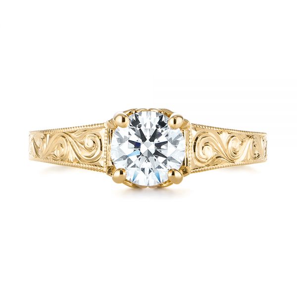 14k Yellow Gold 14k Yellow Gold Custom Hand Engraved Tri Leaf Solitaire Diamond Engagement Ring - Top View - 104829