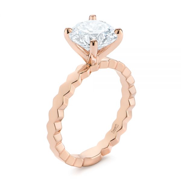 14k Rose Gold Custom Hexagon Solitaire Diamond Engagement Ring - Three-Quarter View - 104858