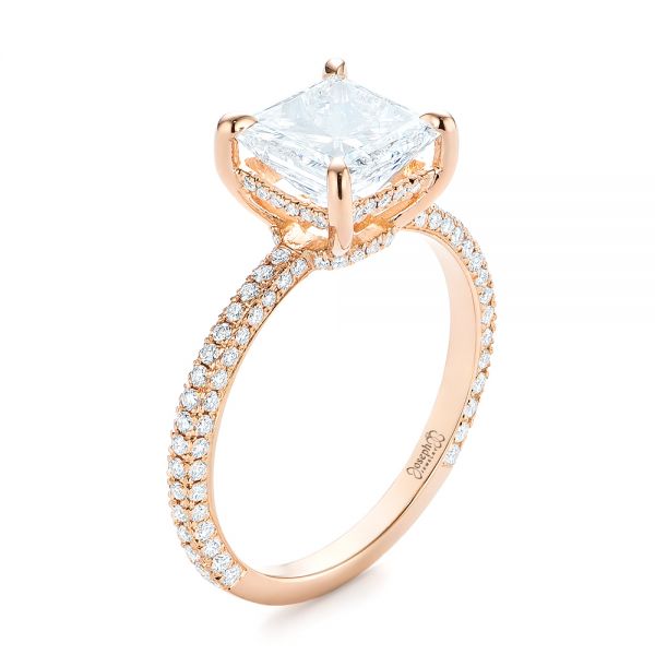 18k Rose Gold Custom Pave Diamond Engagement Ring - Three-Quarter View -  104690