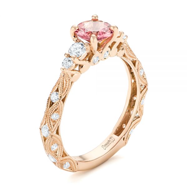 14k Rose Gold Custom Peach Sapphire And Diamond Engagement Ring - Three-Quarter View -  103162