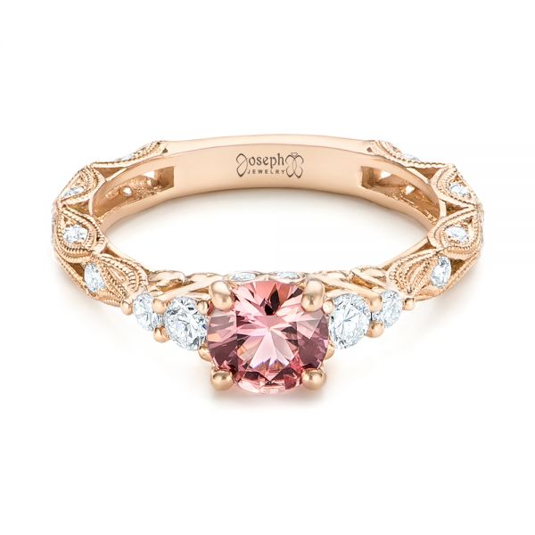 14k Rose Gold Custom Peach Sapphire And Diamond Engagement Ring - Flat View -  103162