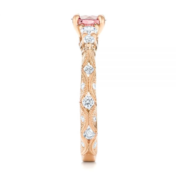 14k Rose Gold Custom Peach Sapphire And Diamond Engagement Ring - Side View -  103162