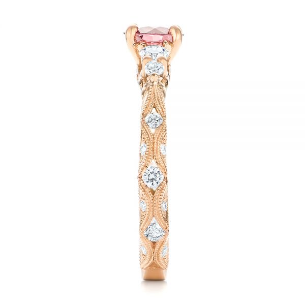 Custom Rose Gold Peach Sapphire and Diamond Engagement Ring - Image