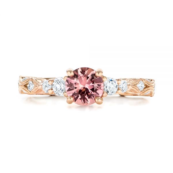 14k Rose Gold Custom Peach Sapphire And Diamond Engagement Ring - Top View - 103162