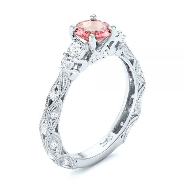 14k White Gold 14k White Gold Custom Peach Sapphire And Diamond Engagement Ring - Three-Quarter View -  103162