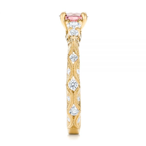 18k Yellow Gold 18k Yellow Gold Custom Peach Sapphire And Diamond Engagement Ring - Side View -  103162