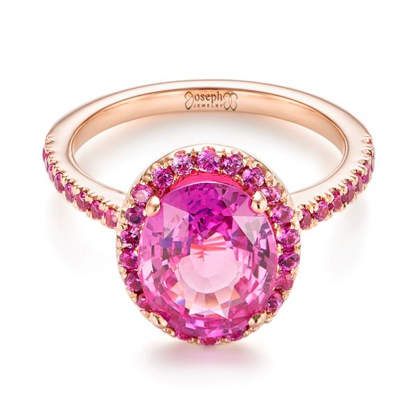 18k Rose Gold 18k Rose Gold Custom Pink Sapphire Halo Engagement Ring - Flat View -  103630