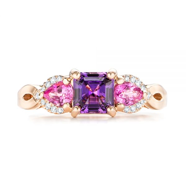14k Rose Gold Custom Purple And Pink Sapphire And Diamond Engagement Ring - Top View -  102984