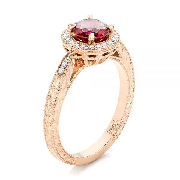14k Rose Gold Custom Ruby And Diamond Engagement Ring - Three-Quarter View -  102453