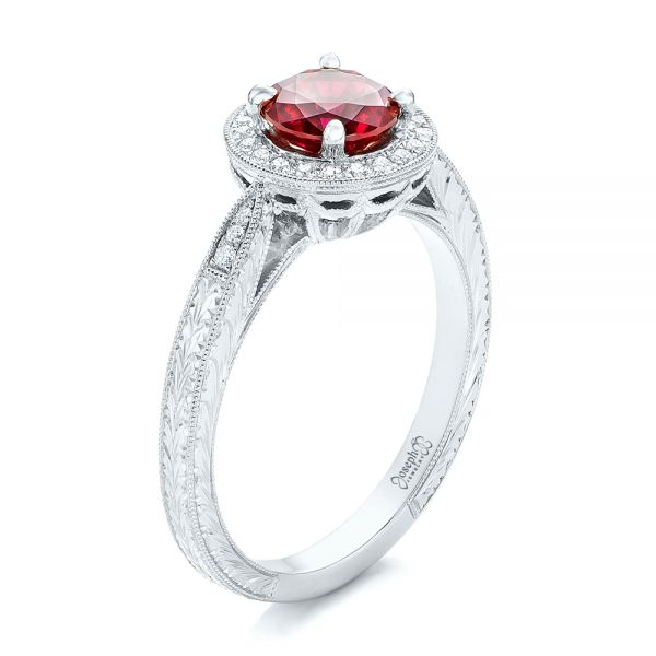 18k White Gold 18k White Gold Custom Ruby And Diamond Engagement Ring - Three-Quarter View -  102453