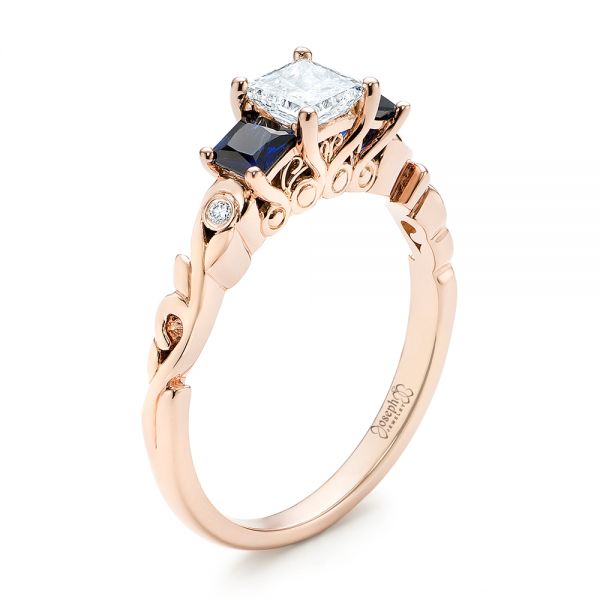 18k Rose Gold 18k Rose Gold Custom Three Stone Blue Sapphire And Diamond Engagement Ring - Three-Quarter View -  103146