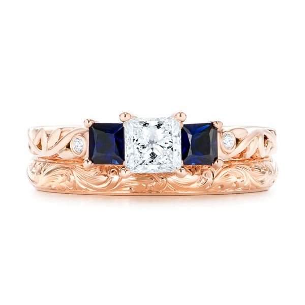 14k Rose Gold Custom Three Stone Blue Sapphire And Diamond Engagement Ring - Three-Quarter View -  103146