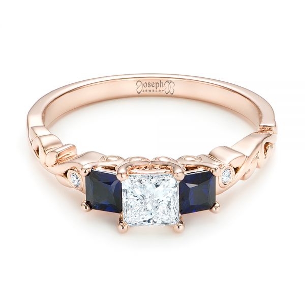 18k Rose Gold 18k Rose Gold Custom Three Stone Blue Sapphire And Diamond Engagement Ring - Flat View -  103146