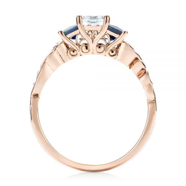 14k Rose Gold Custom Three Stone Blue Sapphire And Diamond Engagement Ring - Front View -  103146