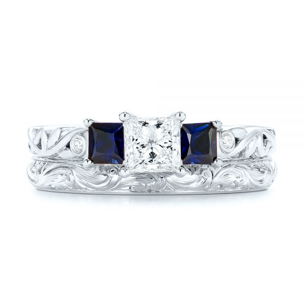 18k White Gold 18k White Gold Custom Three Stone Blue Sapphire And Diamond Engagement Ring - Three-Quarter View -  103146