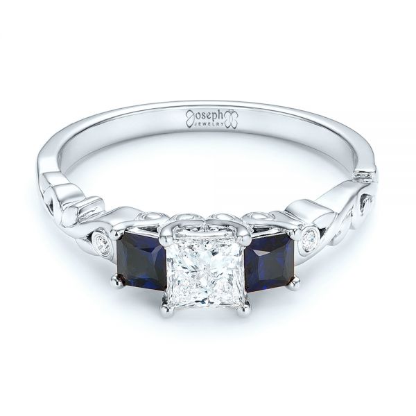 14k White Gold 14k White Gold Custom Three Stone Blue Sapphire And Diamond Engagement Ring - Flat View -  103146